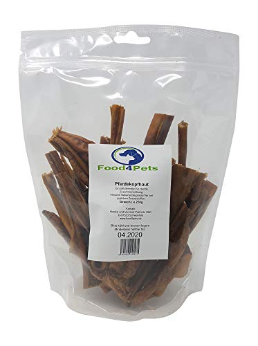Food4Pets Pferdekopfhaut für Hunde 250g – 100% Pferdehaut, Monoprotein, getreidefrei, ohne Zusätze – Langer Kauspaß, unterstützt Zahnpflege – ideal für Sensible Hunde – wiederverschließbarer Beutel