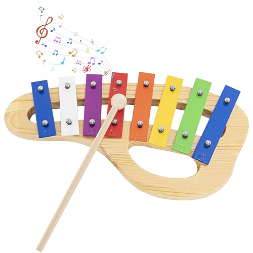 OUUTMEE Kinder Xylophon mit 8 Tönen, Musik Glockenspiel mit 1 Schlägel, Percussion Musikinstrument aus Holz Bunte Tonleiter, hölzernes Regenbogen Geschenk für Musikalische Früherziehung