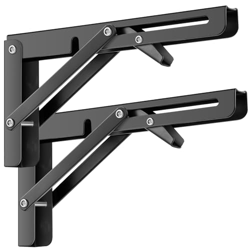 NIGOOLATA Folding Shelf Brackets Heavy Duty Metal Foldable Black 12 Inch Triangle Shelf Bracket, DIY Wall Mounted Folding Table Hinge for Bench Table 2 Pack