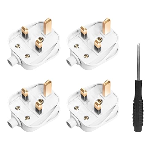 UK Plugs with 13 AMP Fused, 3 pin Mains Plug with Cord Grip Rewireable Heavy Duty Electrical Plug, Rubber Composite Plug, 4 Pack - White