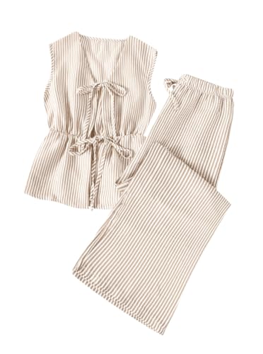 Remidoo Women's Striped 2 Piece Set Tie Front Peplum Tank