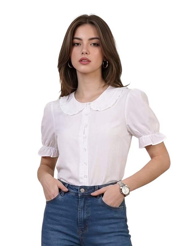 Women’s Elegant Ruffle Neck Short Sleeve Shirt-picture-27
