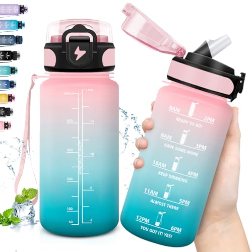 Grsta Botella Agua, 500ml Agua Niños, con Pajita a Prueba de Fugas, Agua Pequeña, Marca de Tiempo, de Agua con Eslogan Motivacional, para la Escuela, Oficina, Rosa-Cian