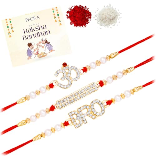 Image of Peora Om Shree Ram Swastik Rakhi for Brother Bhaiya | Crystal & Beads Studded | Red Thread | Raksha Bandhan Hamper with Roli Chawal Greeting Card