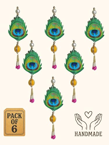 Image of Handcrafted Decorative Wall Decor Peacock Feather Hanging Ornament for Ganpati Diwali Navratri and Pooja Setup for Home Entrance Mandir Temple Decor (Set of 6)