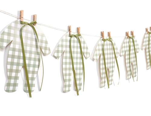 Green Gingham Baby Onesie Garland – 8 PCS Big Size Neutral Baby Shower Banner, Baby Clothesline Garland, Green Plaid Baby Bodysuit Cutouts for Gender Neutral Baby Shower or Nursery Decor by LINLULU - Used condition - US$13.73