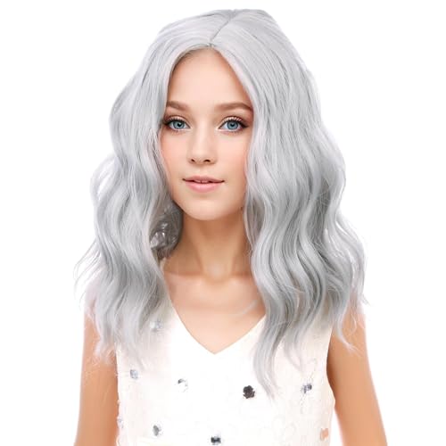 Image of PATTNIUM Kids Silver Wig Short Wavy Silver White Wig for Child Cosplay Halloween Party Costume Heat Resistant Synthetict Wigs