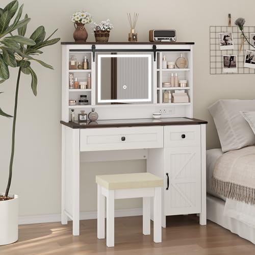 Farmhouse Makeup Vanity Desk with Lights and Storage