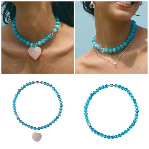 Collier perles cœur bleu œil de chat accessoire quotidien - 2