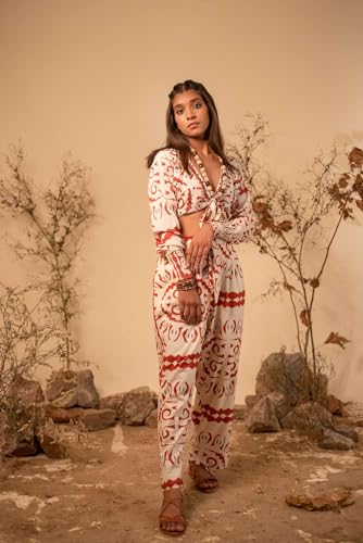 Image of REYYA Label Women's Cotton Bohemian Co-ord Set Casual V-Neck Full Sleeves Crop Top Printed Elasticated Straight Pant Set for Girls (Beige)