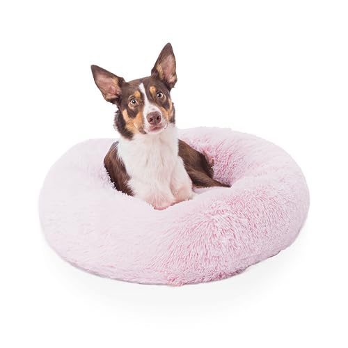 Woof & Whiskers Donut Dog Bed Pink Medium 70cm – Calming Round Plush Pet Bed for Dogs & Cats | Anti-Anxiety Cuddler Bed, Non-Slip Base, Soft, Machine Washable (Pink, 70cm)