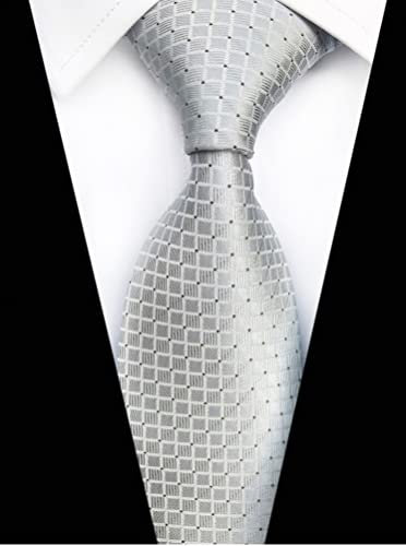 Elfeves Men Modern Tartan Formal Ties Checks Plaid Gingham Pattern Woven Necktie (One Size, Silver Grey) #TOP1