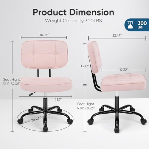 Image of DUMOS Home Office Desk Chair - Ergonomic Armless PU Leather Computer Rolling Task Chair,with Comfy Lumbar Support and Height Adjustable, Vanity, Bedroom, Living Room, Pink