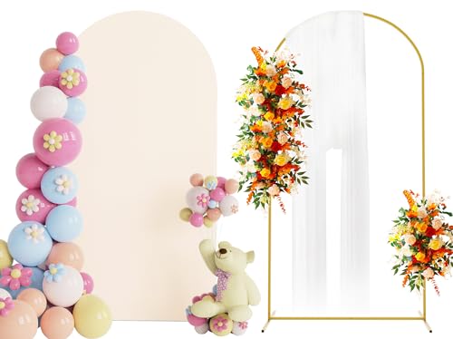Putros 6.6ft Metal Arch Stand with Cover Beige Spandex Fitted Wedding Arch Cover and Round Top Chiara Backdrop Stand Set for Birthday Party Baby Shower Decoration
