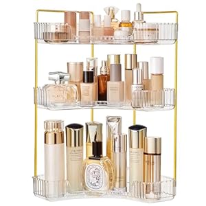Vorey Bathroom Countertop Organizer 3 Tier Corner Makeup Organizer Perfume Tray Skincare Storage Cosmetic Organizer Bathroom Counter Shelf for Bathroom, Clear