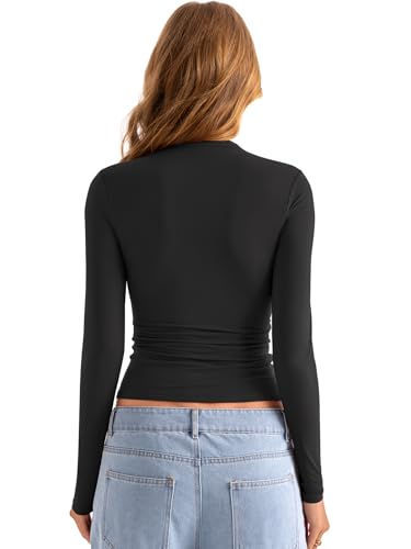 Womens Double Lined Mock Turtle Neck Long Sleeve Tops Slim Fitted Going Out Tops Basic T Shirts4