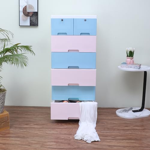 Image of The Tickle Toe Plastic Chest of 7 Drawers for Kids | Multipurpose Organizer with 2 Locks | Portable Wardrobe Cabinet for Clothes & Toys | Glossy Finish | 51L x 33W x 121H cm | 4 Blue & 3 Pink