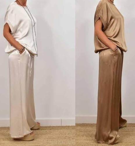 Women's Spring Casual Solid Color Satin 2 Piece Suit, Women's Satin Two Piece Suit, Short-Sleeved Top Wide-Leg Pants 6
