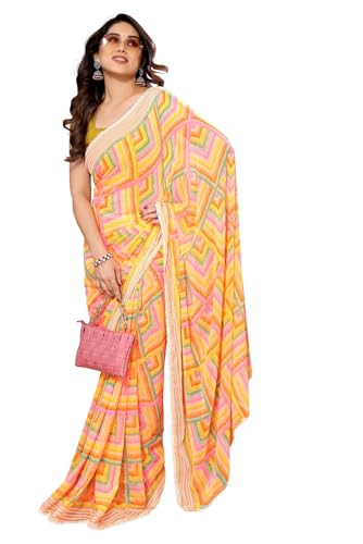 Image of ROOP SUNDARI SAREES Readymade Pleated Pre Drape Stitched Floral Printed Georgette Saree For Women's With Lace Border & Blouse(Ready To Wear One Minute)