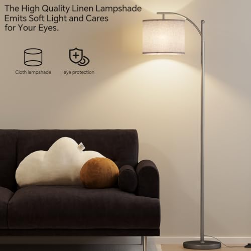Image of SUNMORY Arc Floor Lamp, Modern Floor Lamp with 9W 3 Color Temperatures Bulb, Metal Standing Lamps with Adjustable Hanging Lampshade, Tall Floor Lamps for Living Room, Bedroom, Office