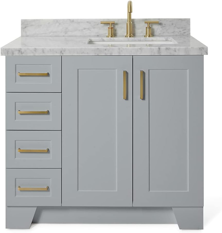 ARIEL 37" Grey Bathroom Vanity, 1.5" Edge Italian Carrara Marble Countertop & Splash, Rectangular Sink, 2 Soft Closing Doors, 5 Full Extension Dovetail Drawers, Toe Kick, Brushed Nickel