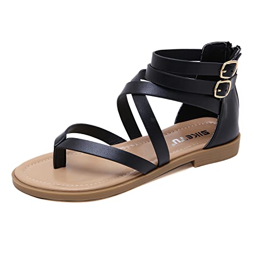 Women Crisscross Strappy Gladiator Sandals Summer Open Toe Thong Flat Fisherman Roman Shoes with Zipper Closure