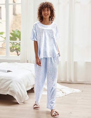 Image of Ekouaer Womens Satin Silky Pajama Set Short Sleeve Shirt with Long Pajama Pant Set Soft PJ Loungewear