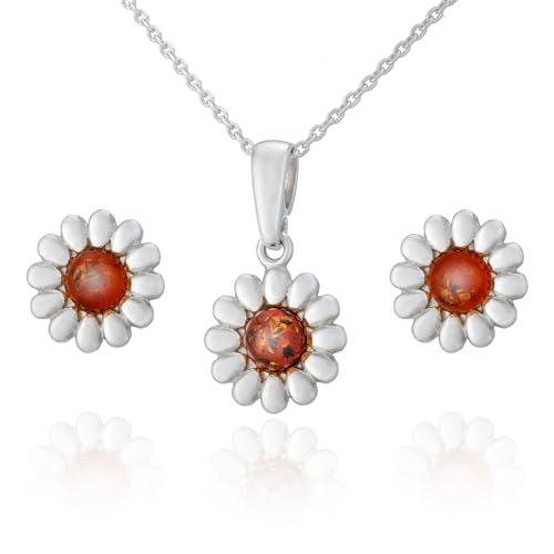 Conjunto de joyas para mujer: pendientes de plata de ley y colgante floral con ámbar báltico coñac