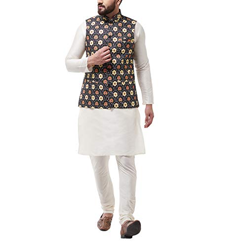 Image of SOJANYA (Since 1958, Men's Silk Blend Pink Kurta Pyjama & Printed Nehrujacket Combo