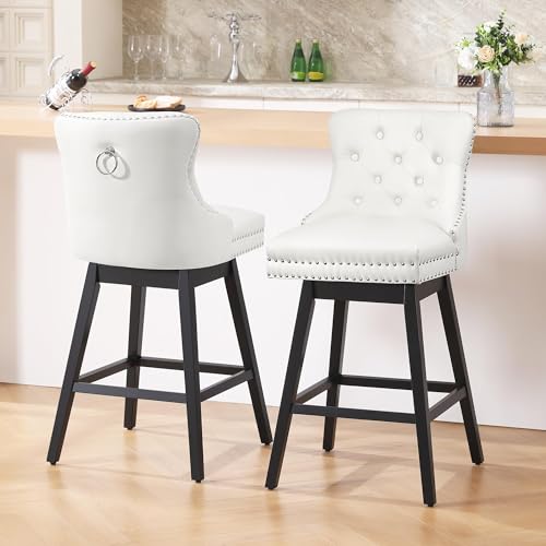 Image of White Leather Swivel Bar Stools Set of 2 with Back, 26 Inch Counter Height Chairs, Solid Wood Legs, Tufted Seat, Comfortable and Stylish for Kitchen, Island, Home Bar(White, 2 Pack, 26 inch H)