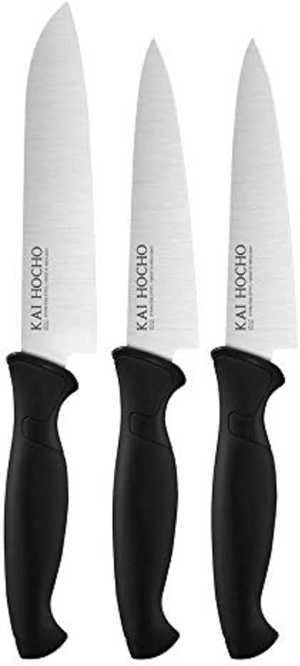 Kai Gift Box Hocho Utility Knife (M) 14.5 cm, 2 Hocho Utility Knife (S) 12.5 cm, Black Stainless Steel Knife Set (Pack of 3)