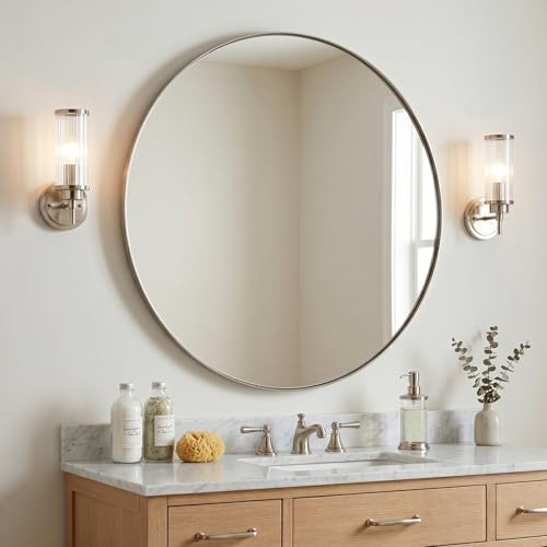 Image of ANDY STAR Circle Mirror, Large Round Brushed Nickel Bathroom Mirror, Silver Round Vanity Mirror, Seamless Thin Metal Frame, 1 inch Deep Wall Mounted, Perfect for Oversized Space