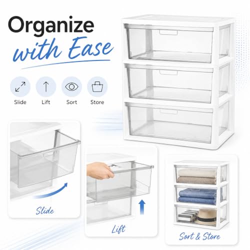 3-Drawer-Plastic-Storage-Tower-Wide-Organizer-for-Closet-Bedroom-White-Stackable-wide-drawers-for-clothes-toys-and-crafts-Durable-see-through-plastic-provides-quick-visibility