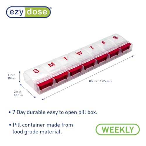Image of Ezy Dose Weekly (7-Day) Pill Organizer, X-Large Medicine Case, Clear /Red | Daily Vitamin & Supplement Planner, Spacious Push-Button Compartments, Convenient & Easy to Use, Travel-Friendly, BPA-Free