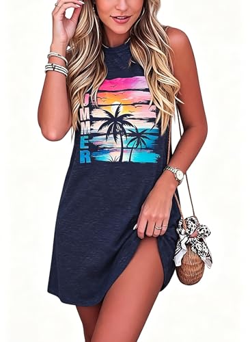 Image of Sun Salt Sand Coconut Tree Tank Mini Dress for Women Sleeveless Beach Praty Shirts Summer Vacation Short Mini Dresses