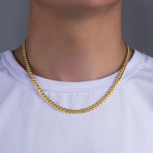 Gold Chain for Men, Mens 5mm/6mm Gold Plated Stainless Steel Cuban Link Chain Necklace, 18-26 Inches3