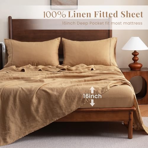 S VICTORY SYMBOL 100% Organic Linen Sheets Set Queen Size 4 Pieces,Stone Washed European Flax Linen Bed Sheets(1 Flat Sheet,1 Fitted Sheet,2 Pillowcases) Boho Bedding-Sandy Beige - Thumbnail 3