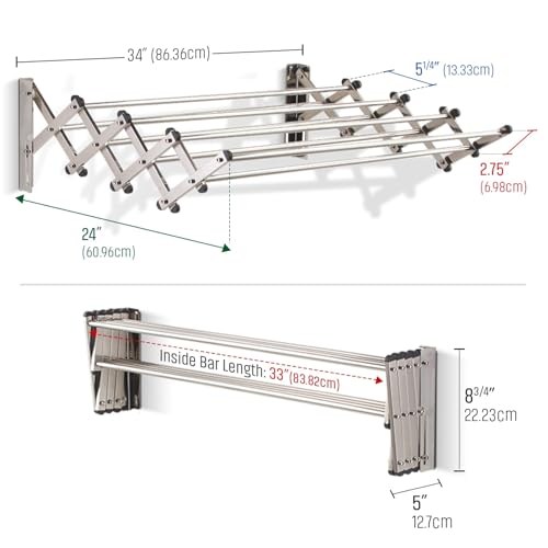 Smartsome | Wall Mounted | Clothes Drying Rack | 34" Wide | 22.5 Linear Feet Capacity | 8 Smooth Round Stainless Steel Rods | 60 lb Capacity | Fully Assembled | Compact Sturdy Space-Saving Design