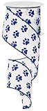 Satin Paw Print Wired Ribbon: Blue White 2.5 Inches x 10 Yards (30 Feet)