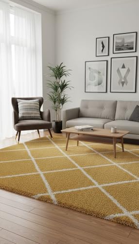 Image of Carpet for Hallway, Kitchen, and Modern InteriorsCarpetCozy Shag Runner for Living Room, Bedroom & Office Decor ETC Size 5x7 feet, Patten-Solid Gold B