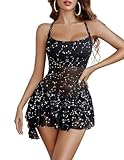 Avidlove Women's Mesh Mini Dress Printed Double Layer Frill Bodycon Lingerie Dress Party Clubwear Outfits S-XXL