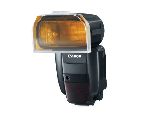 Canon Speedlite 600EX-RT with an orange color filter attached to the flash head