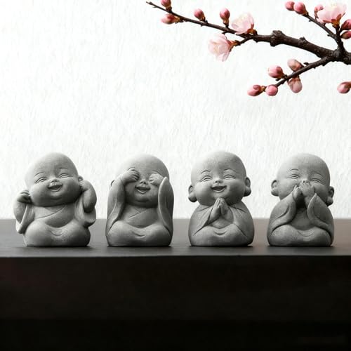 BEIZHAN 4Pcs Baby Buddha Statue Set, 2 Inch Mini Zen Monk, Sandstone Buddha for Desk Decor, Laughing Buddha for Good Luck, Car Dashboard, Home & Living Room Decor with Blessing Amulet