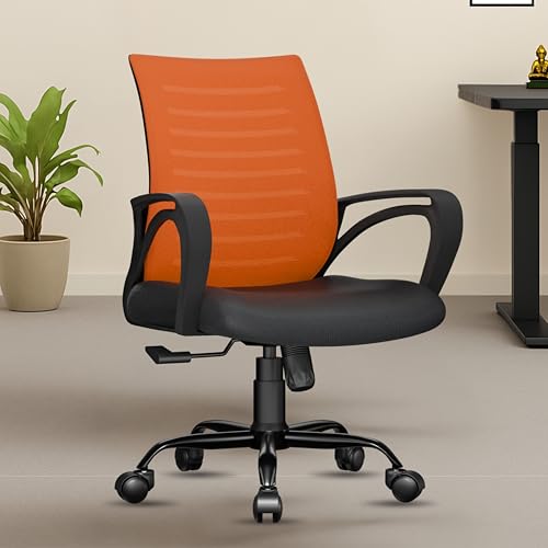 Image of beAAtho Verona Mesh Mid-Back Ergonomic Desk Office Chair with Tilting Mechanism, Comfortable Seat, and Revolving Heavy Duty Metal Base | Ideal for Work from Home & Study (Orange)