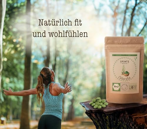 SPINTZ® 500 Stk. Bio Chlorella Bio Presslinge 100% kontrolliert biologischer Anbau | Vegane Chlorella Tabletten 500mg/Tab | Plastikfrei und nachhaltig verpackte Chlorella Tabletten