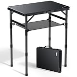 Anbte Campingtisch Klappbar 58x40cm Aluminium-Rahmen & Kunststoff-Tischplatte mit 3 Höhen Verstellbar 26/48/70cm Picknicktisch mit Aufbewahrungsnetz Klapptisch für Garten Balkon (Ganz Schwarz)