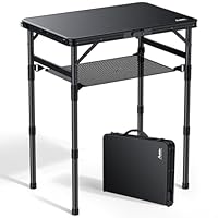 Anbte Campingtisch Klappbar 58x40cm Aluminium-Rahmen & Kunststoff-Tischplatte mit 3 Höhen Verstellbar 26/48/70cm Picknicktisch mit Aufbewahrungsnetz Klapptisch für Garten Balkon (Ganz Schwarz)