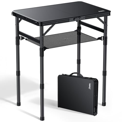 Anbte Campingtisch Klappbar 58x40cm Aluminium-Rahmen & Kunststoff-Tischplatte mit 3 Höhen Verstellbar 26/48/70cm Picknicktisch mit Aufbewahrungsnetz Klapptisch für Garten Balkon (Ganz Schwarz)