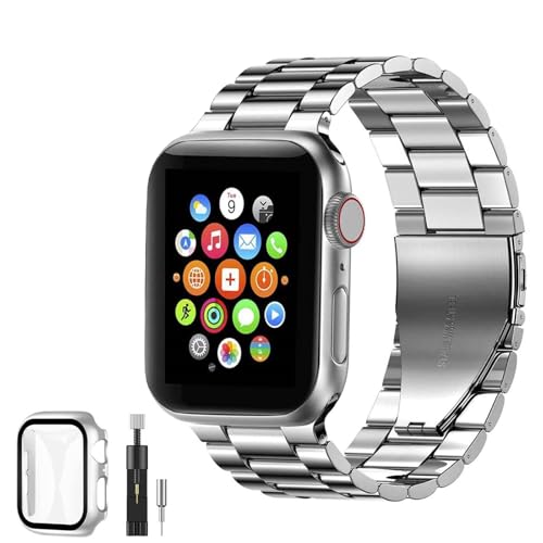 [YOFITAR] for Apple Watch バンド 保護ケース付き ステンレス製 アップルウォッチ 交換ベルト series 11/10 46mm対応 iWatch バンド Apple Watchアクセサリ 長さ調整器具付き（46mm，シルバー）の商品画像（Amazon）