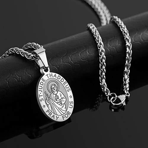 P. BLAKE Oval Saint Christopher/Michael/Joseph/Jude/Virgin Mary/Joseph/Francis/Patrick/Anthony/Benedict/Thomas Necklace for Men Women, Stainless Steel Catholic Patron Pendant with Chain 24 Inches